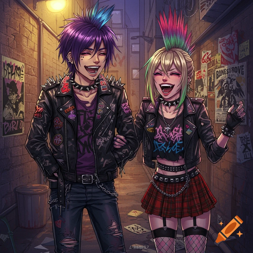 Anime-style punk couple, Kaito and Kaede, laughing in a dimly lit alley at night, wearing studded leather jackets, ripped jeans, and colorful mohawks.