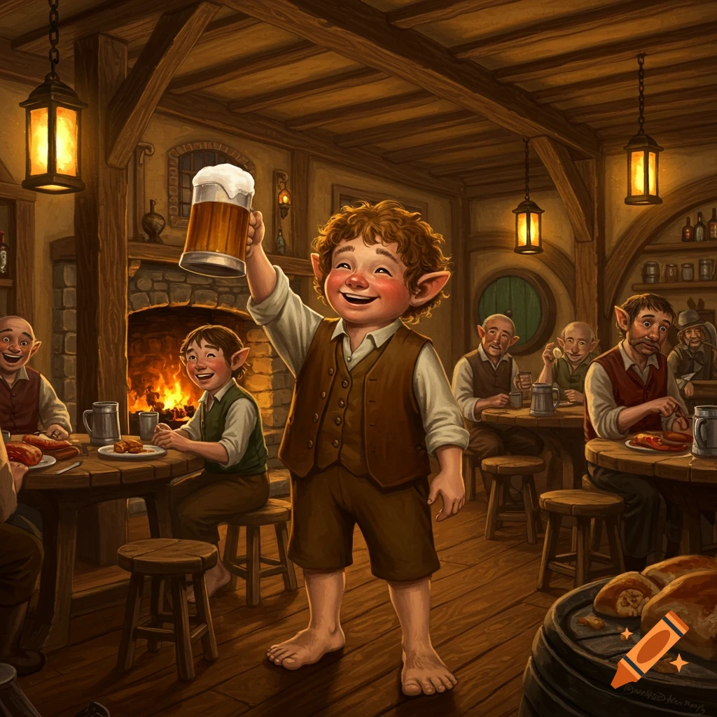 A cheerful, bare-footed hobbit raises a mug of beer in a warm, wood-paneled fantasy tavern with a roaring fireplace and other patrons.