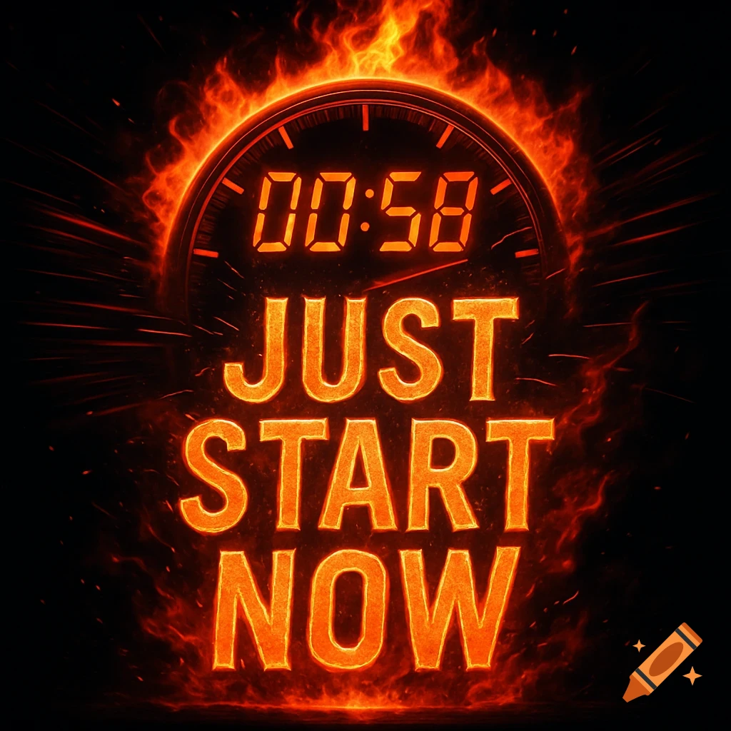 A fiery countdown timer showing 00:58 above the bold text 'JUST START NOW' on a dark background with flames.