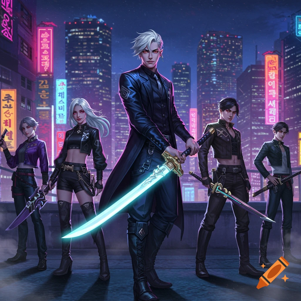 A stylish K-pop-inspired group of five demon hunters with glowing swords and a gun stand on a rooftop against a neon cyberpunk city at night.