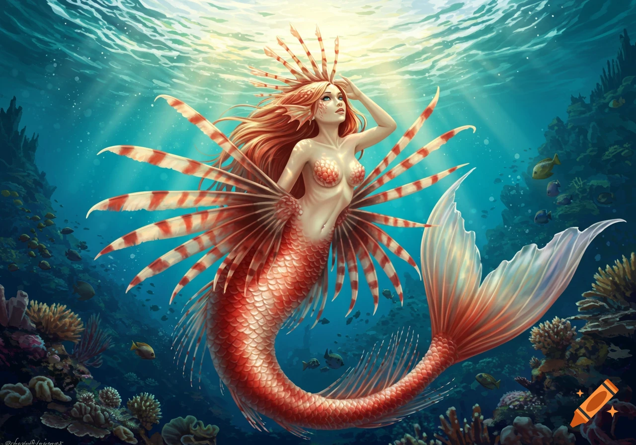 Digital painting of a red and white lionfish mermaid gracefully swimming underwater among coral and fish, bathed in sunlight.