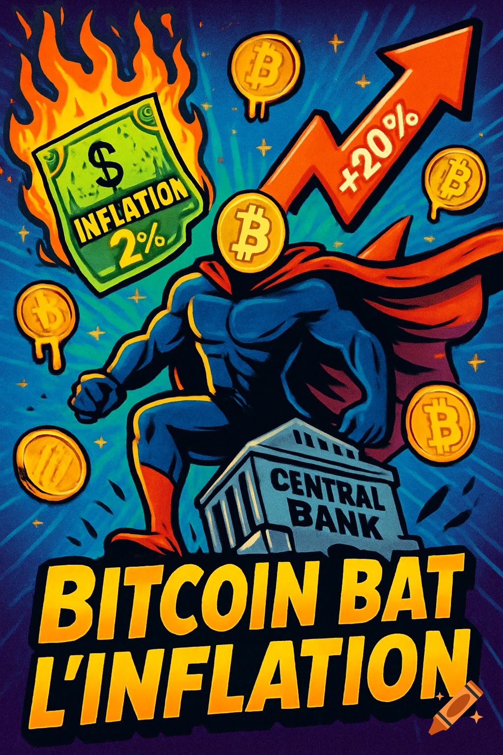 A superhero with a Bitcoin head crushes a central bank, as a burning dollar bill labeled "Inflation 2%" and a Bitcoin growth arrow with "+20%" float around, with text "BITCOIN BAT L'INFLATION" at the bottom, in a vibrant comic book style.
