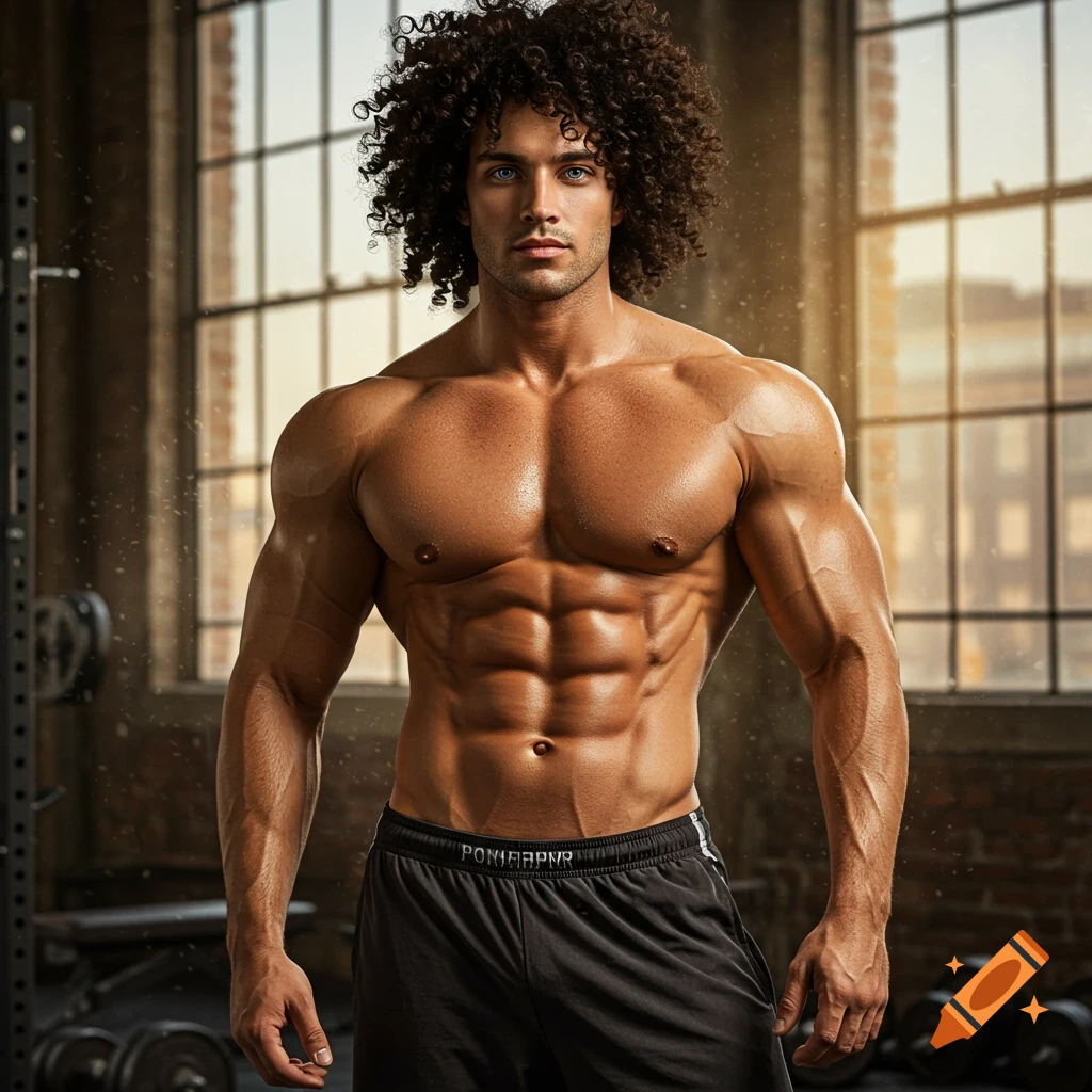 A muscular man with curly black hair and blue eyes stands shirtless in ...
