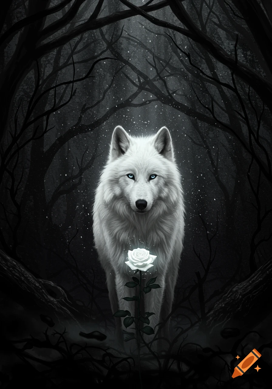 A majestic white wolf with glowing blue eyes stands in a dark, mystical ...