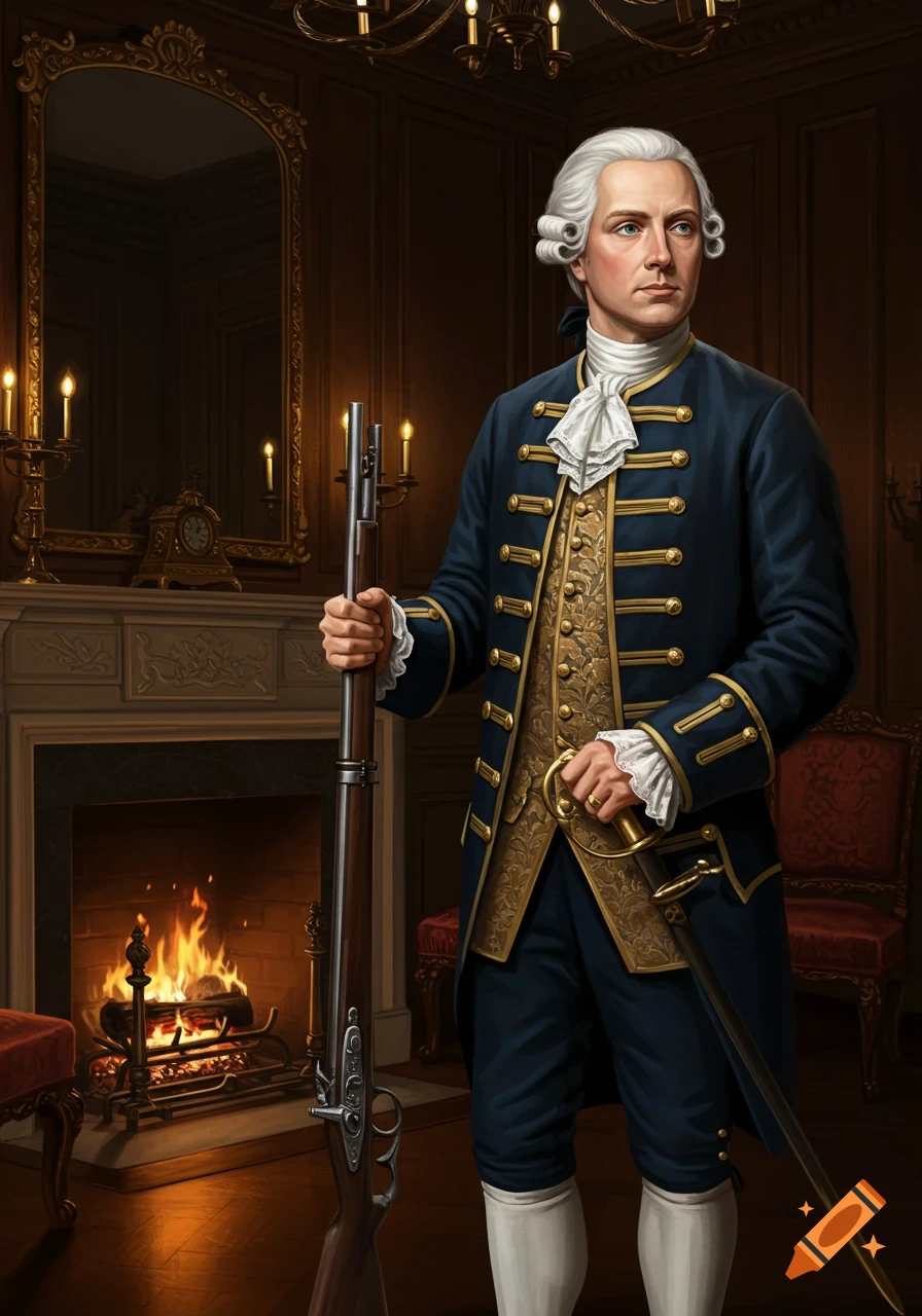 A colonial-era man in a blue and gold coat and powdered wig holds a rifle and sword in a lavish room with a lit fireplace.