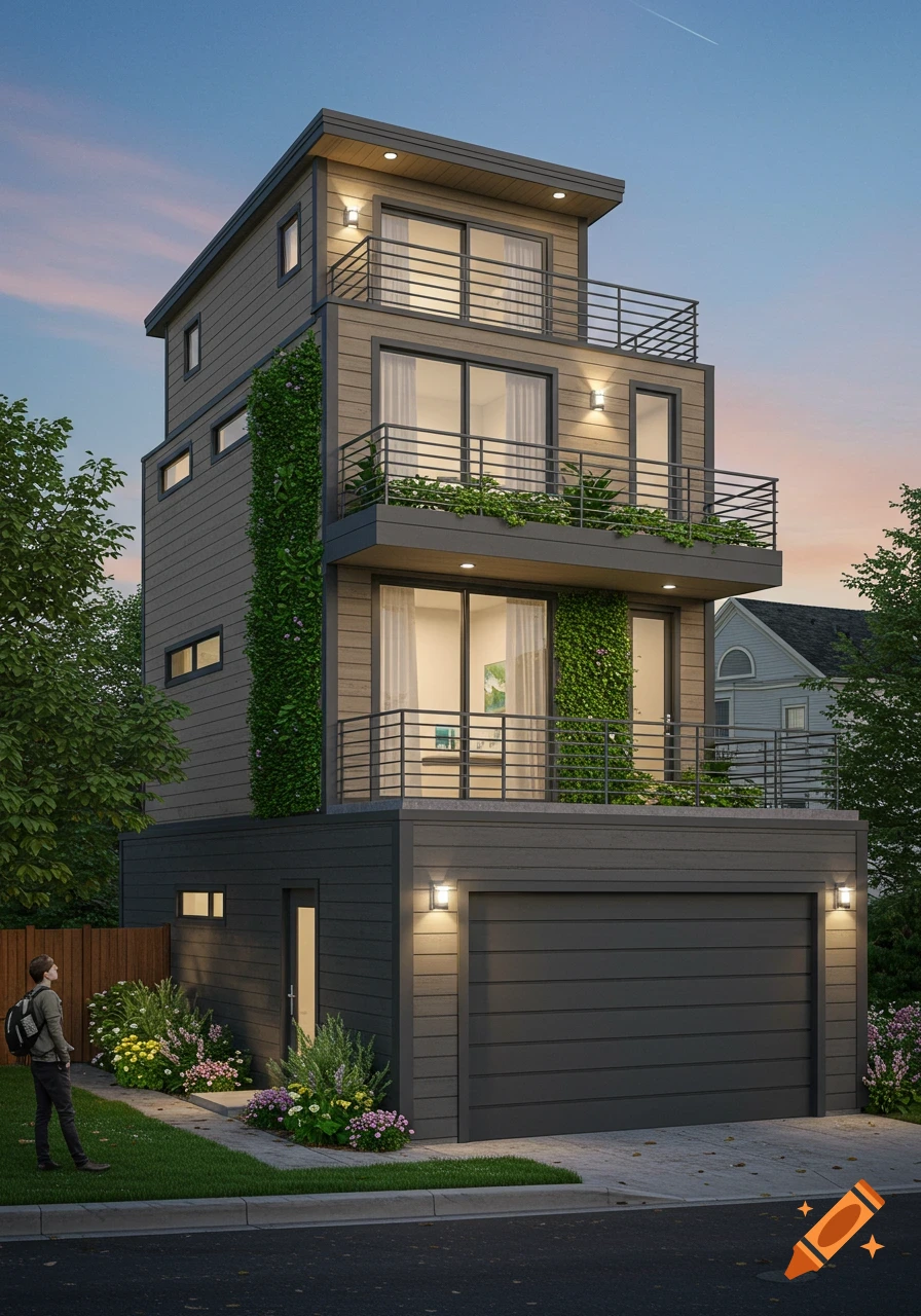 A modern, dark grey 3-story house with balconies, a vertical garden, and a ground-floor garage, viewed at dusk with a person nearby.
