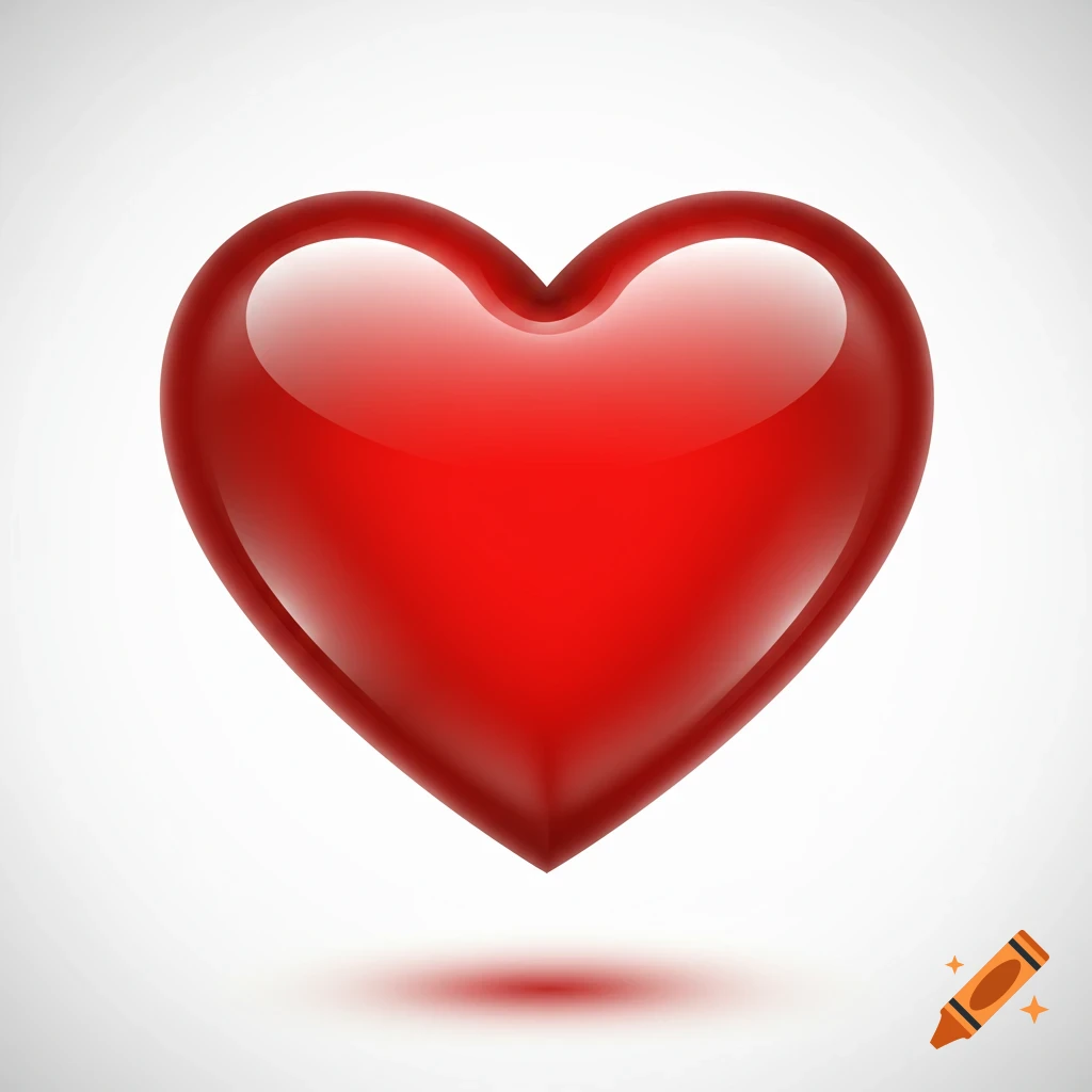 A glossy, red heart with a subtle shadow on a white background.