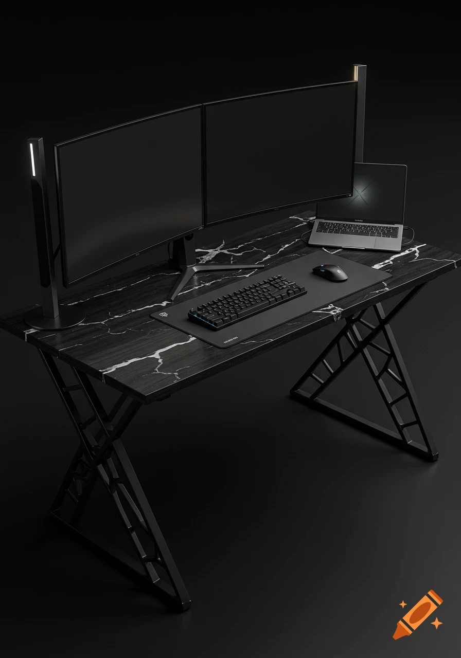 A black marble-patterned desk gaming setup with two curved monitors, a laptop, keyboard, mouse, and large mouse pad on a dark background.