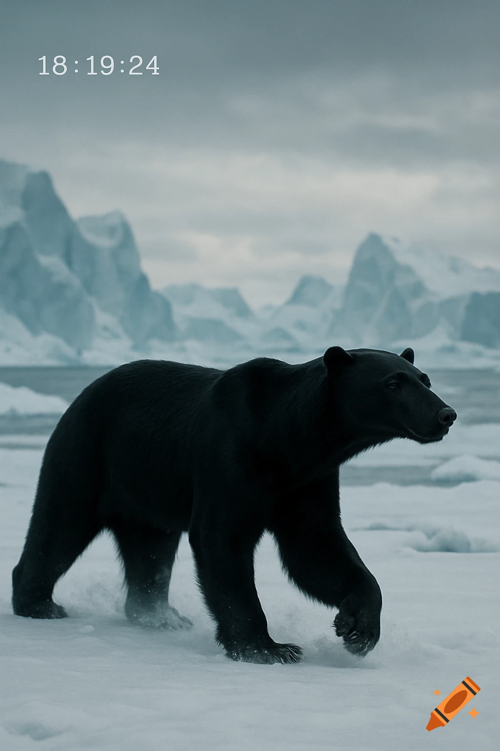A photorealistic black bear walks across snow and ice with icebergs in the background.