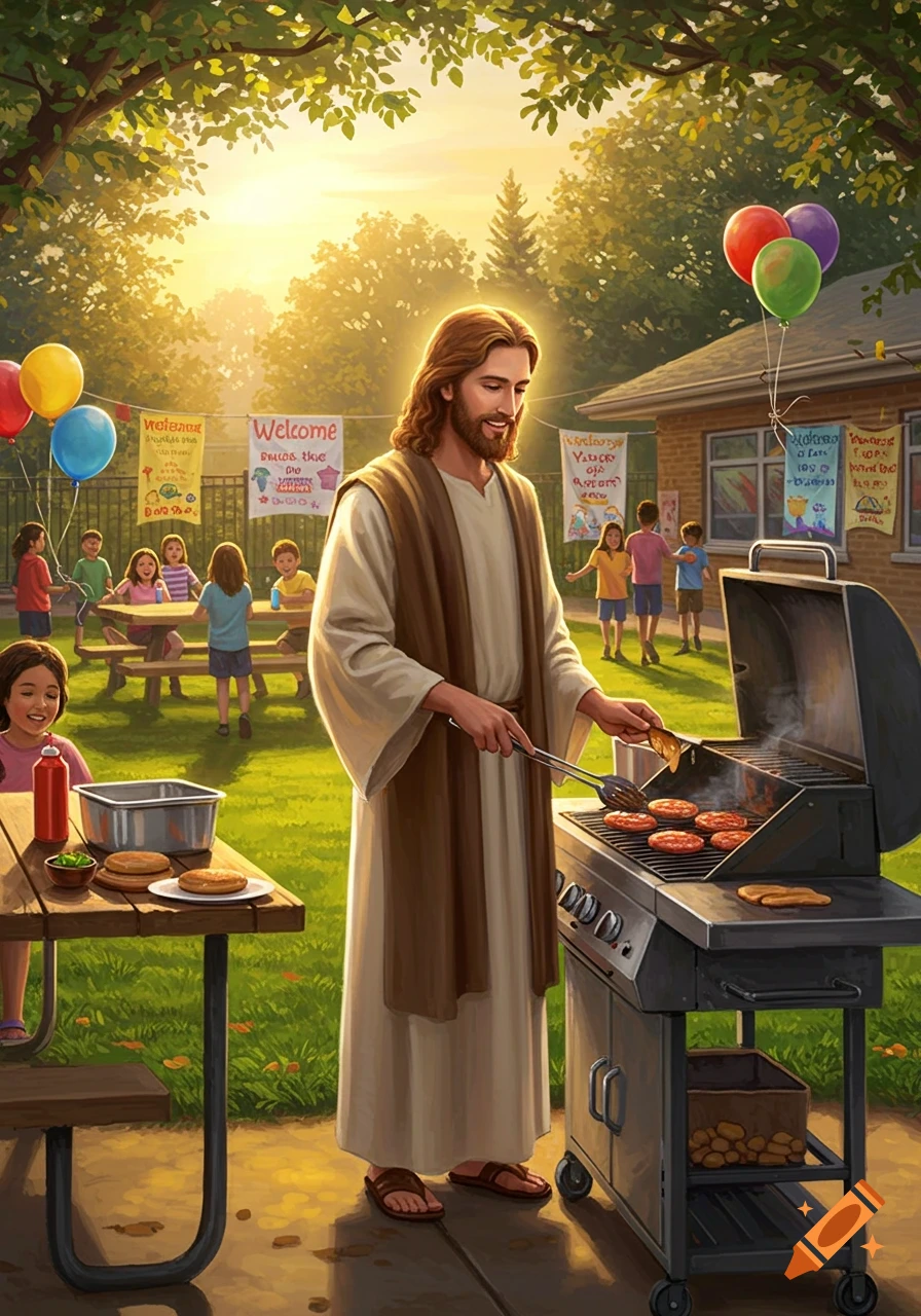 Jesus cooks burgers on a grill at an outdoor school event with children playing in the background under a sunny sky in an illustrative style.
