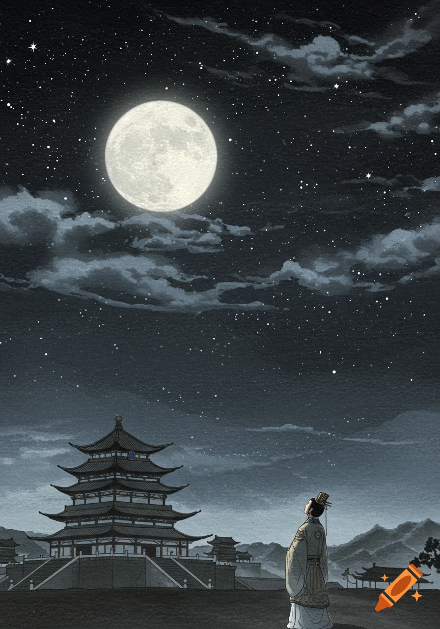 A figure in traditional Chinese clothing gazes at a large full moon above a grand palace, under a starry night sky, in a traditional Chinese art style.