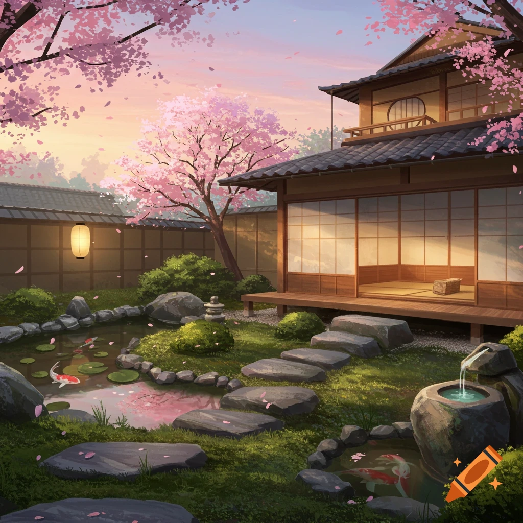 A serene anime-style Japanese garden with a traditional house, cherry blossoms, a pond with koi fish, and stone pathways at sunset.