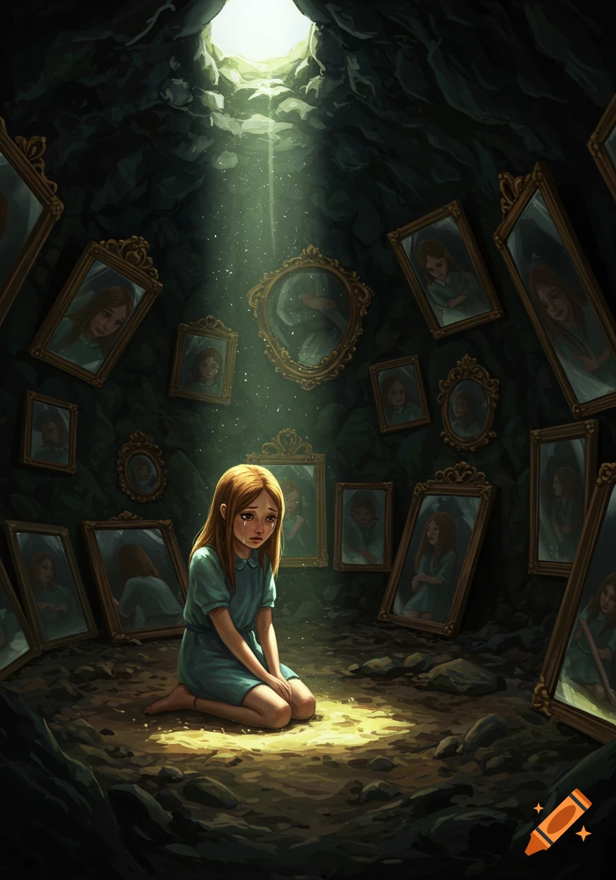 A crying young girl kneels in a dark, light-beamed cave, surrounded by ornate mirrors reflecting her sad face, in a painterly style.