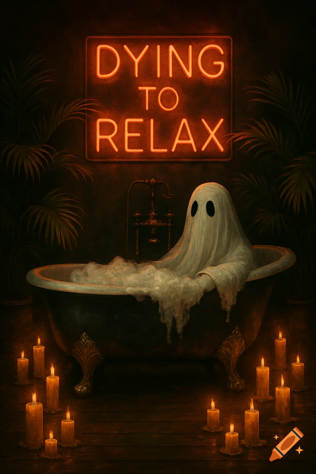 A friendly ghost relaxes in a bubble bath in a dark, candlelit room with palm plants and a 'Dying to Relax' neon sign.