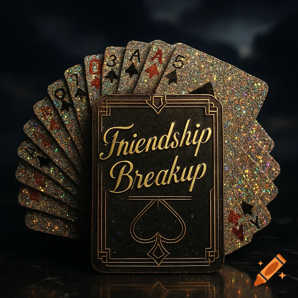 A fan of glittery playing cards with a black card displaying 'Friendship Breakup' and a spade symbol in the foreground.