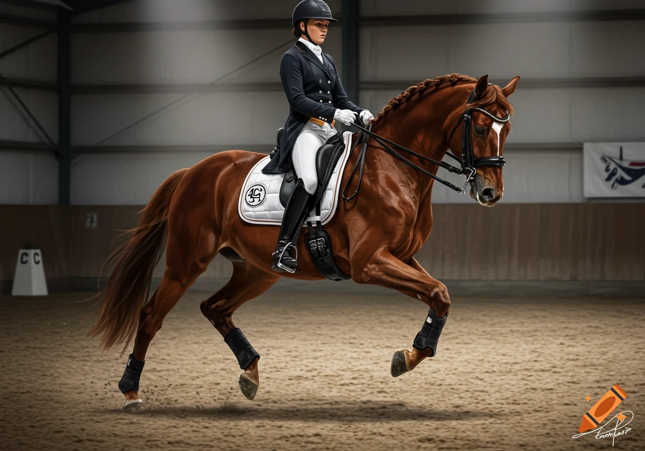 A photorealistic painting of a rider on a brown dressage horse performing a passage in an indoor arena.