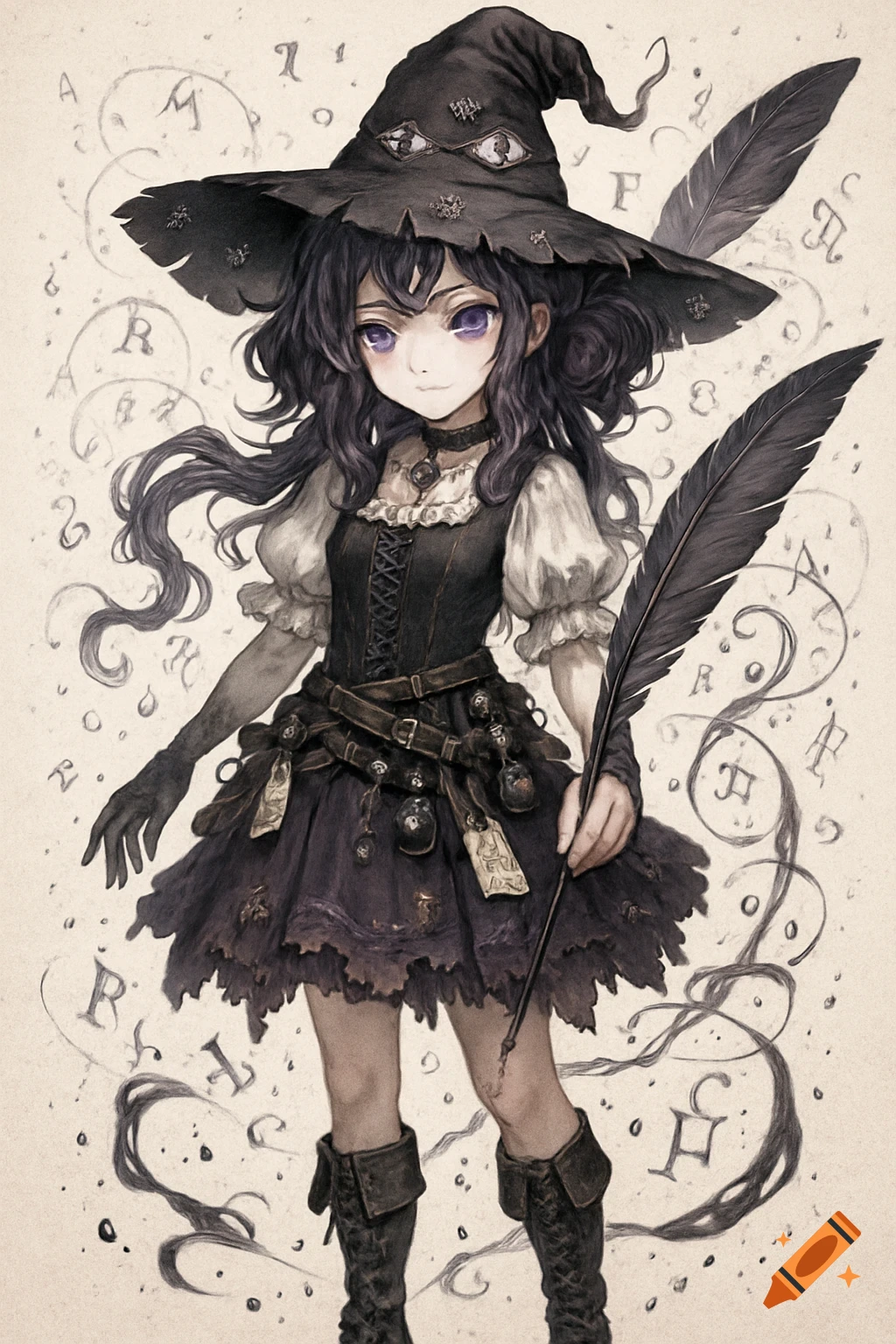 Full-body anime witch with purple eyes, dark hair, tattered black hat and dress, holding a large quill amidst arcane symbols.
