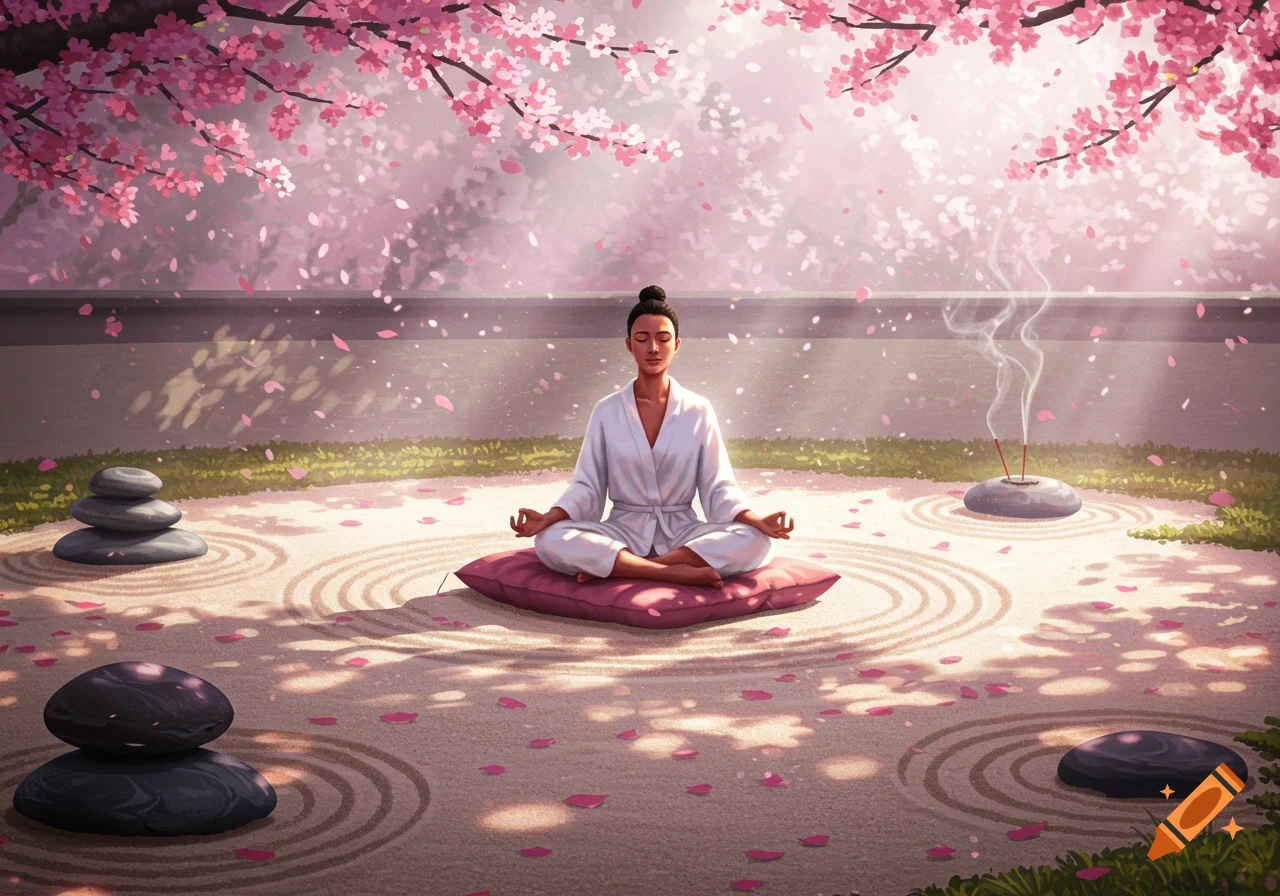 An illustrated woman meditates in a zen garden with raked sand, stacked stones, burning incense, and falling pink cherry blossoms.