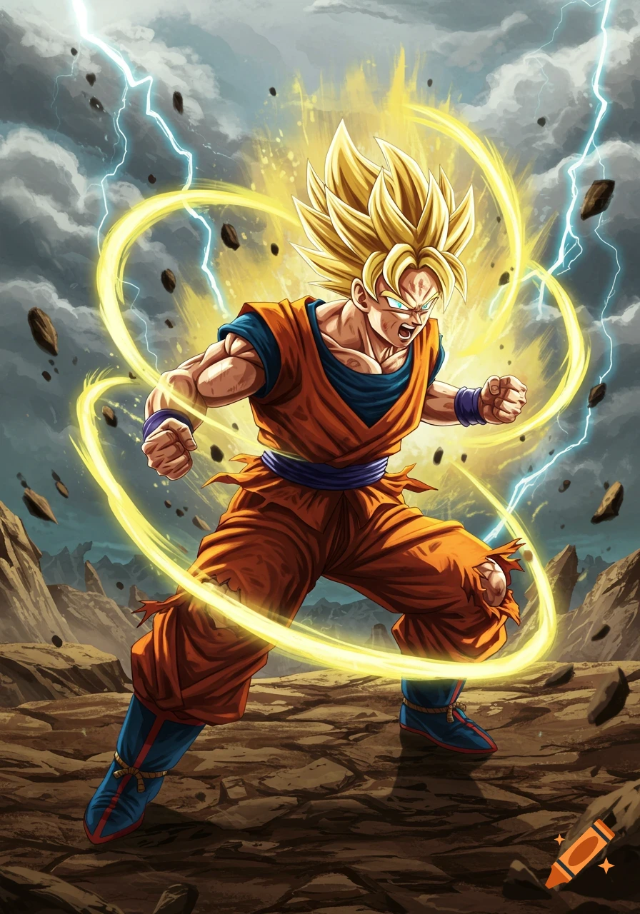 Goku in Super Saiyan form, powering up with a yellow aura, surrounded by lightning and floating rocks in an anime style.