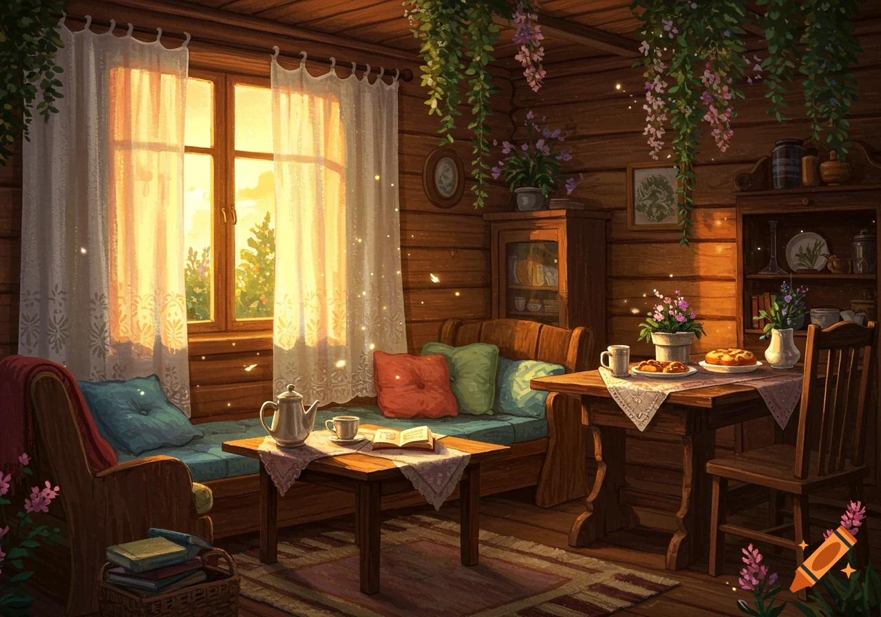 A cozy, sunlit rustic room with wooden walls, a window with sheer curtains, furniture, a tea set, and hanging plants.