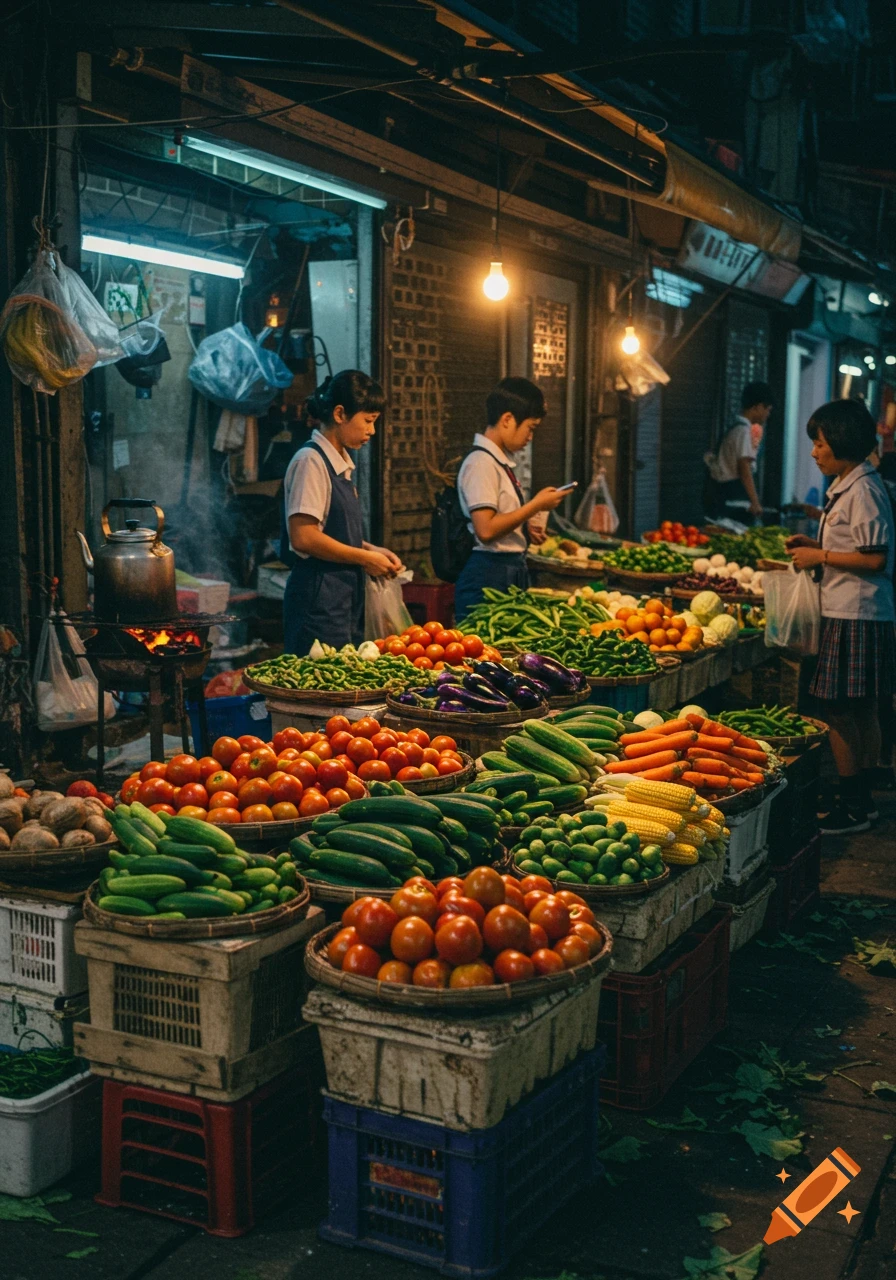 A vibrant, cinematic street market stall at dusk, with vendors and customers amidst baskets of fresh vegetables and fruits under warm lights.