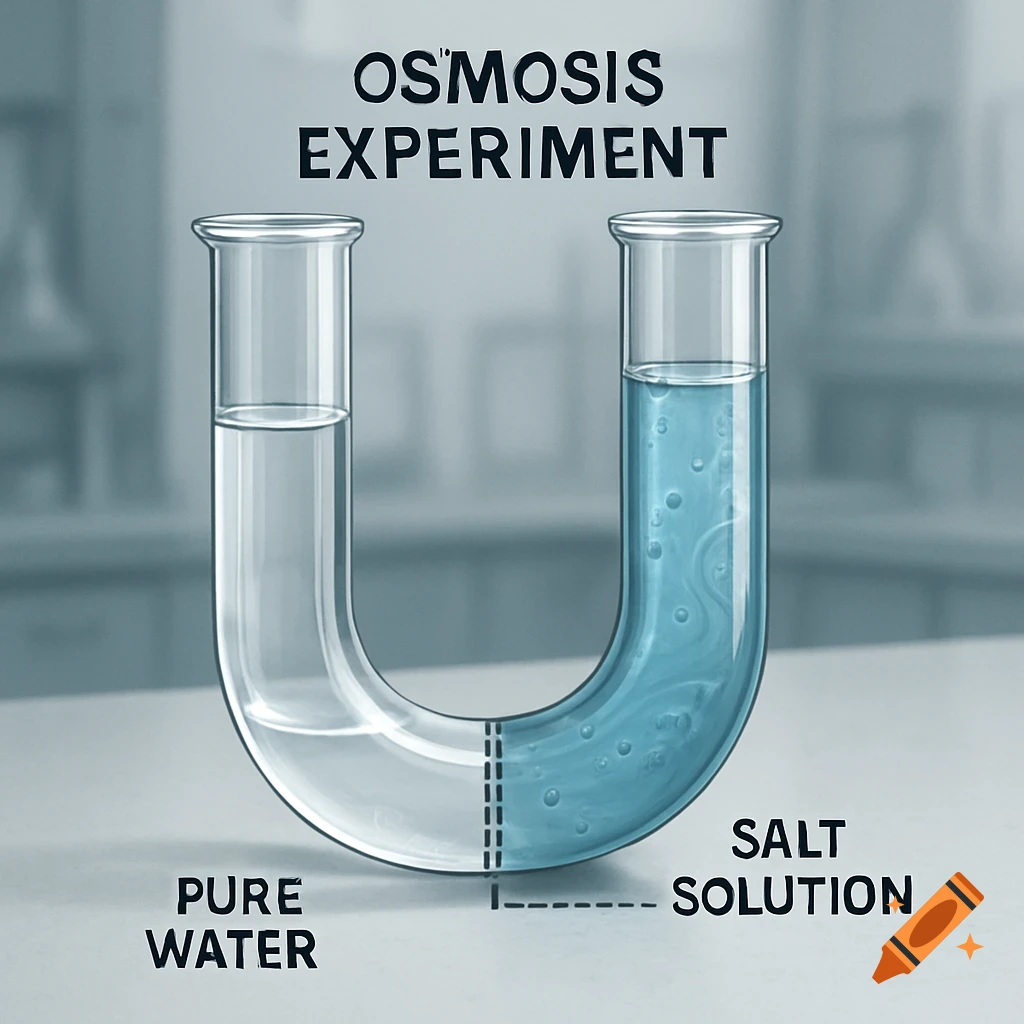 A U-shaped glass tube showing an osmosis experiment with pure water and salt solution separated by a semi-permeable membrane.