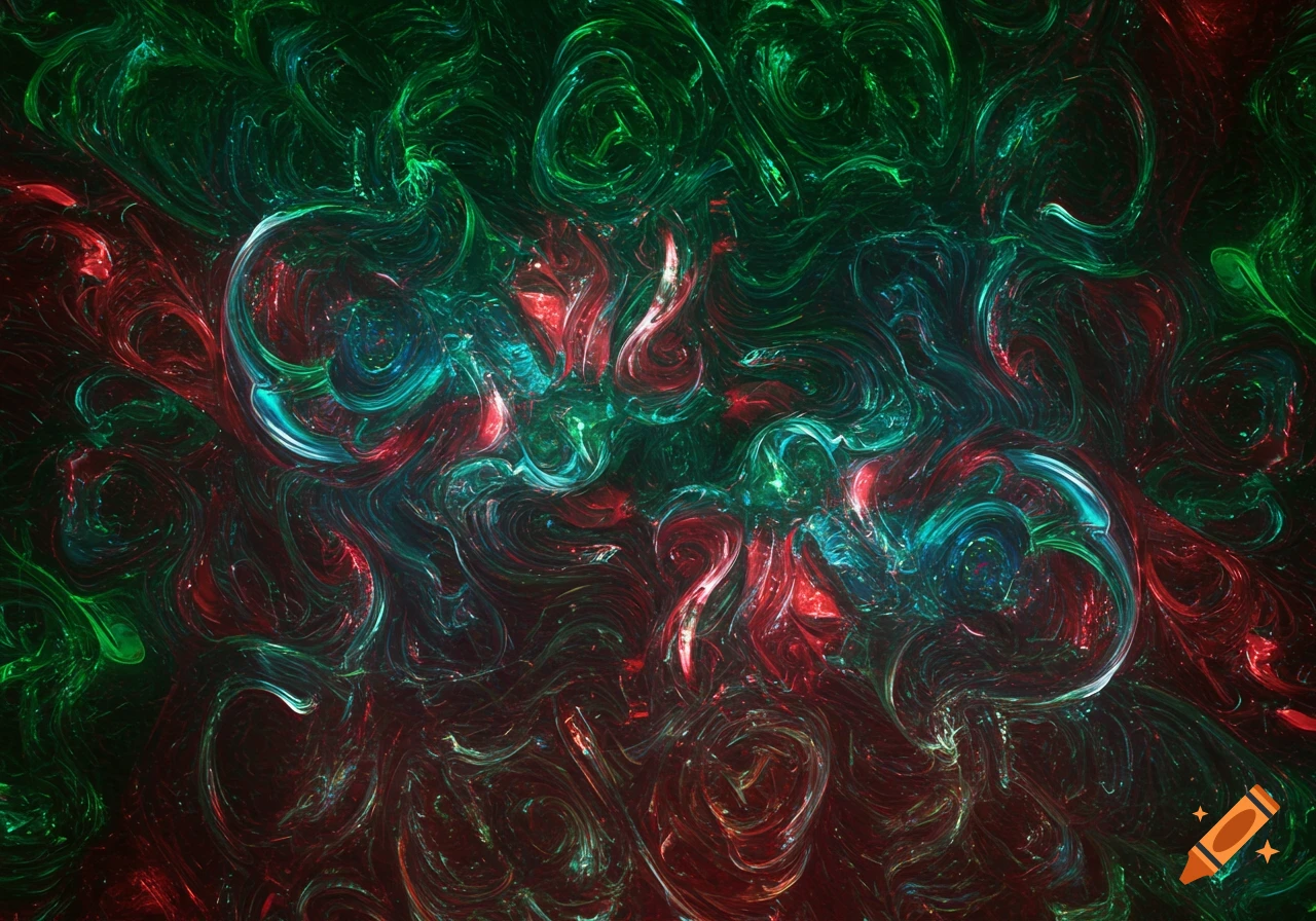 Abstract swirling pattern of red, green, and teal light on a dark background.