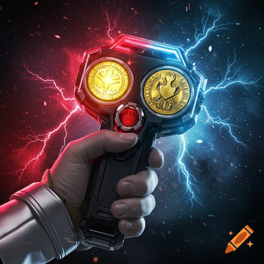 A hand holds a futuristic Power Rangers-like morpher surrounded by red and blue lightning effects.