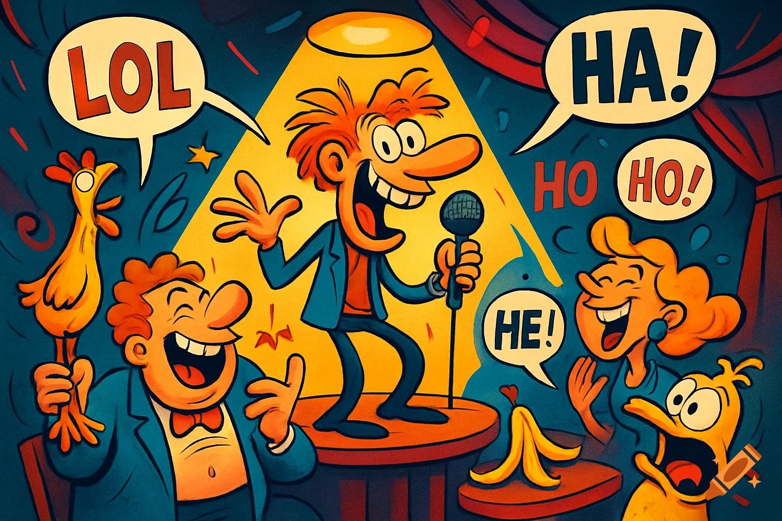 Colorful cartoon of a comedian performing for a laughing audience with speech bubbles 'LOL', 'HA!', 'HO HO!', 'HE!'. A man holds a rubber chicken, a duck laughs.