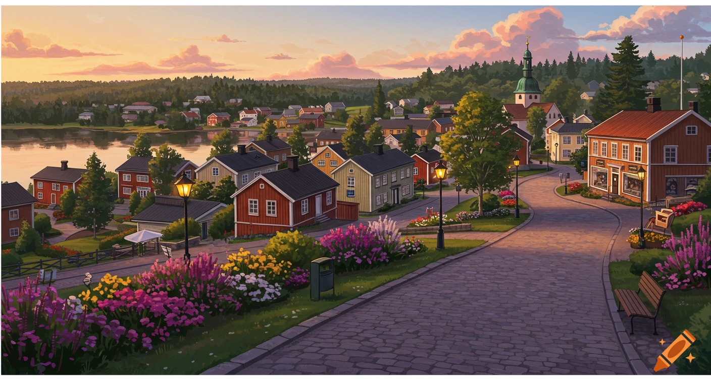 An illustrated panoramic view of a charming small town nestled by a lake at sunset, with colorful houses, a church steeple, and flower-lined cobblestone streets.