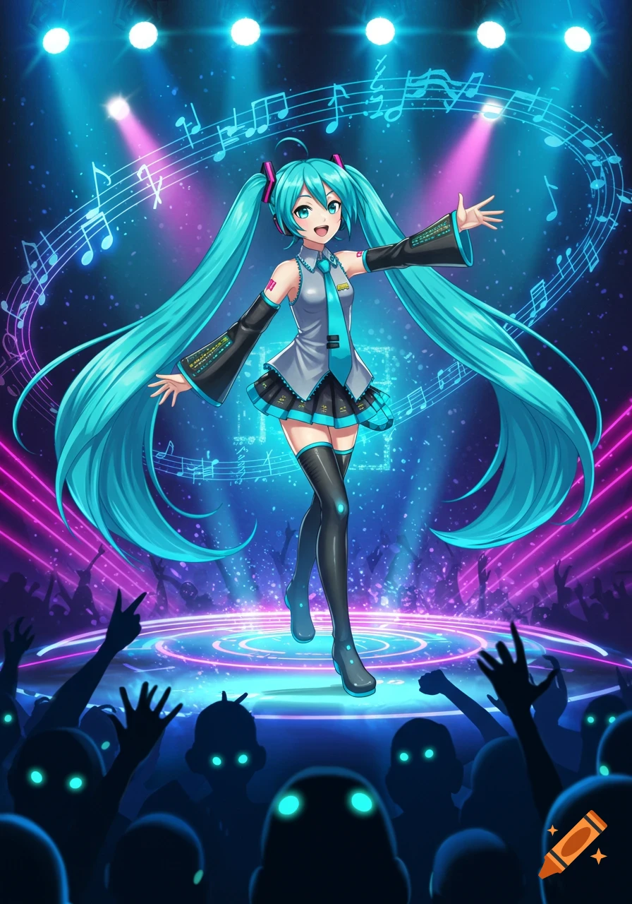 Hatsune Miku, an anime character with long turquoise pigtails, sings on a brightly lit stage with musical notes floating around her, a cheering crowd in the foreground.