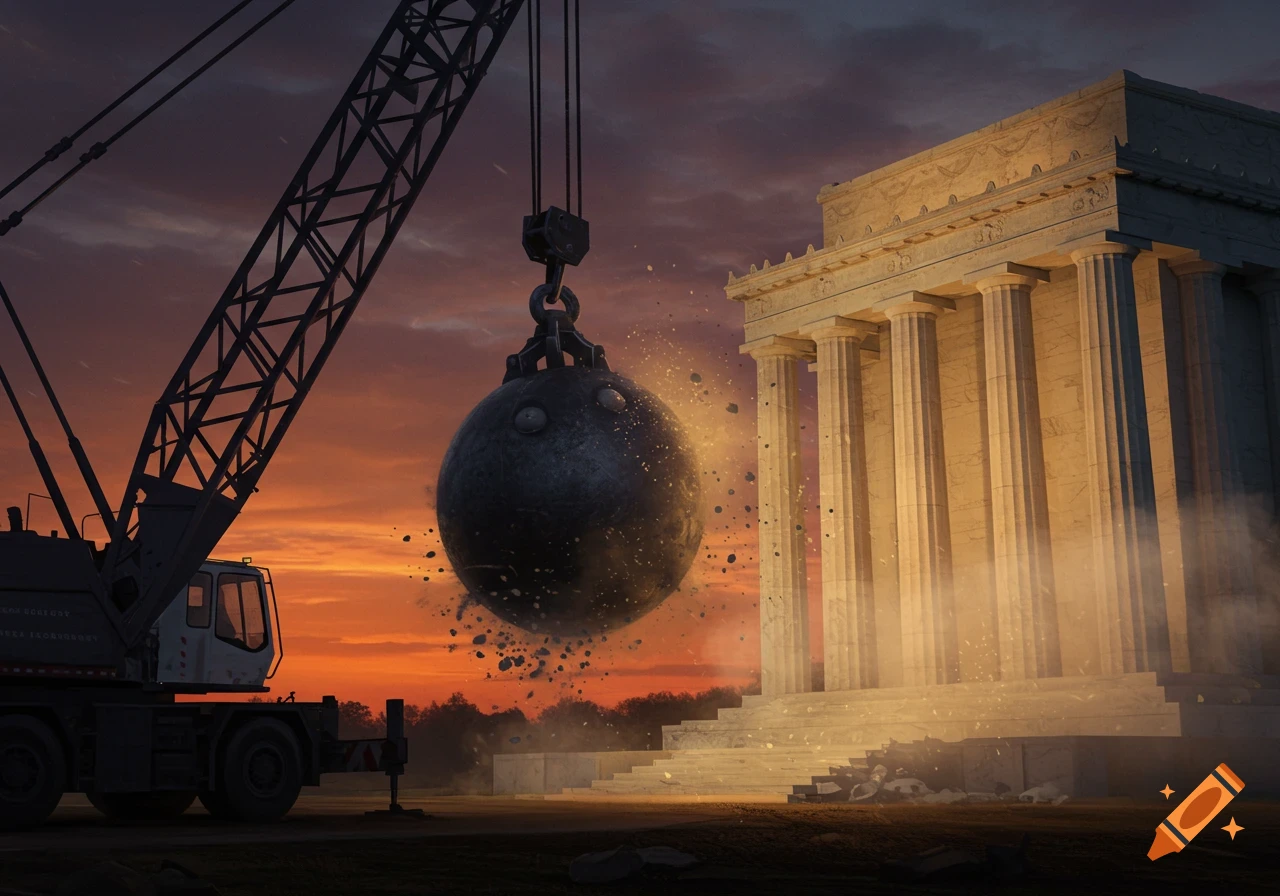 A wrecking ball from a crane demolishes a classical stone monument with pillars against a vibrant sunset sky, debris flying.