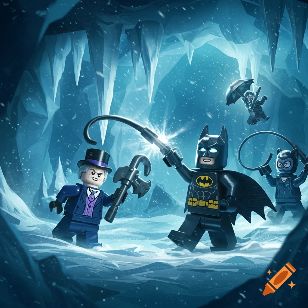 Lego Batman, Penguin, Catwoman, and a henchman battle in an icy cave, in a dynamic Lego game style.