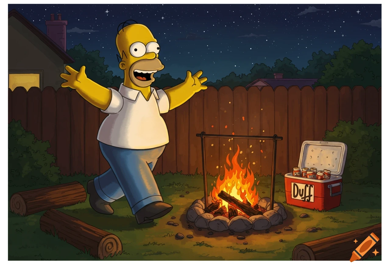 Homer Simpson joyfully walking towards a blazing campfire at night in a backyard, with a red cooler of Duff beer cans next to it.