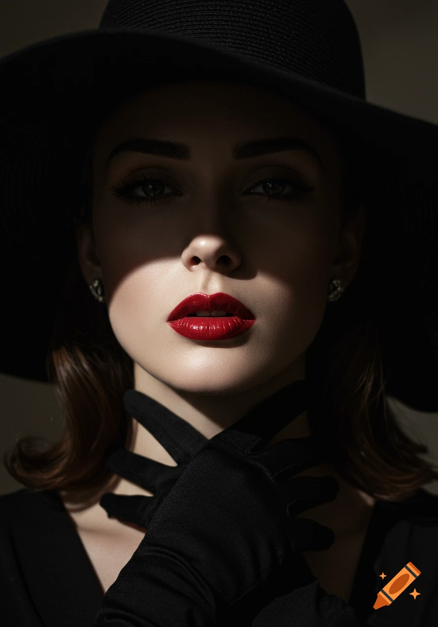 Close-up, photorealistic portrait of a woman in a black hat and gloves with red lips, dramatic low-key lighting.