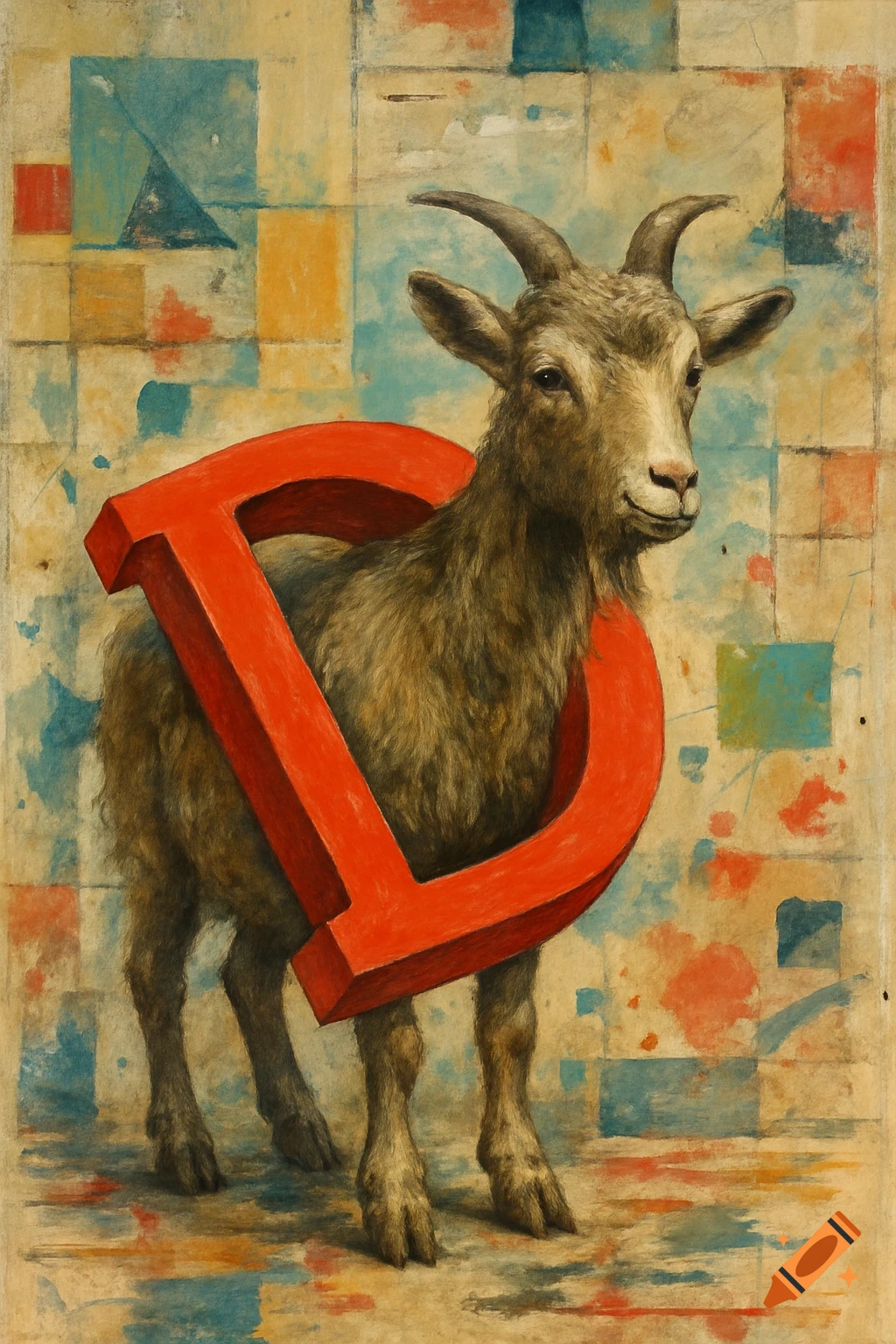 A brown goat stands with a large red 3D letter 'D' around its waist, against an abstract, painterly background with colorful shapes.