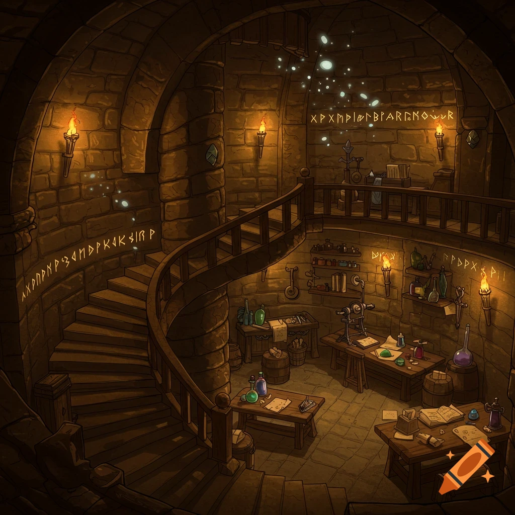A detailed D&D art style illustration of an underground workshop with a spiraling stone stairwell, torches, glowing runes, and alchemical supplies.