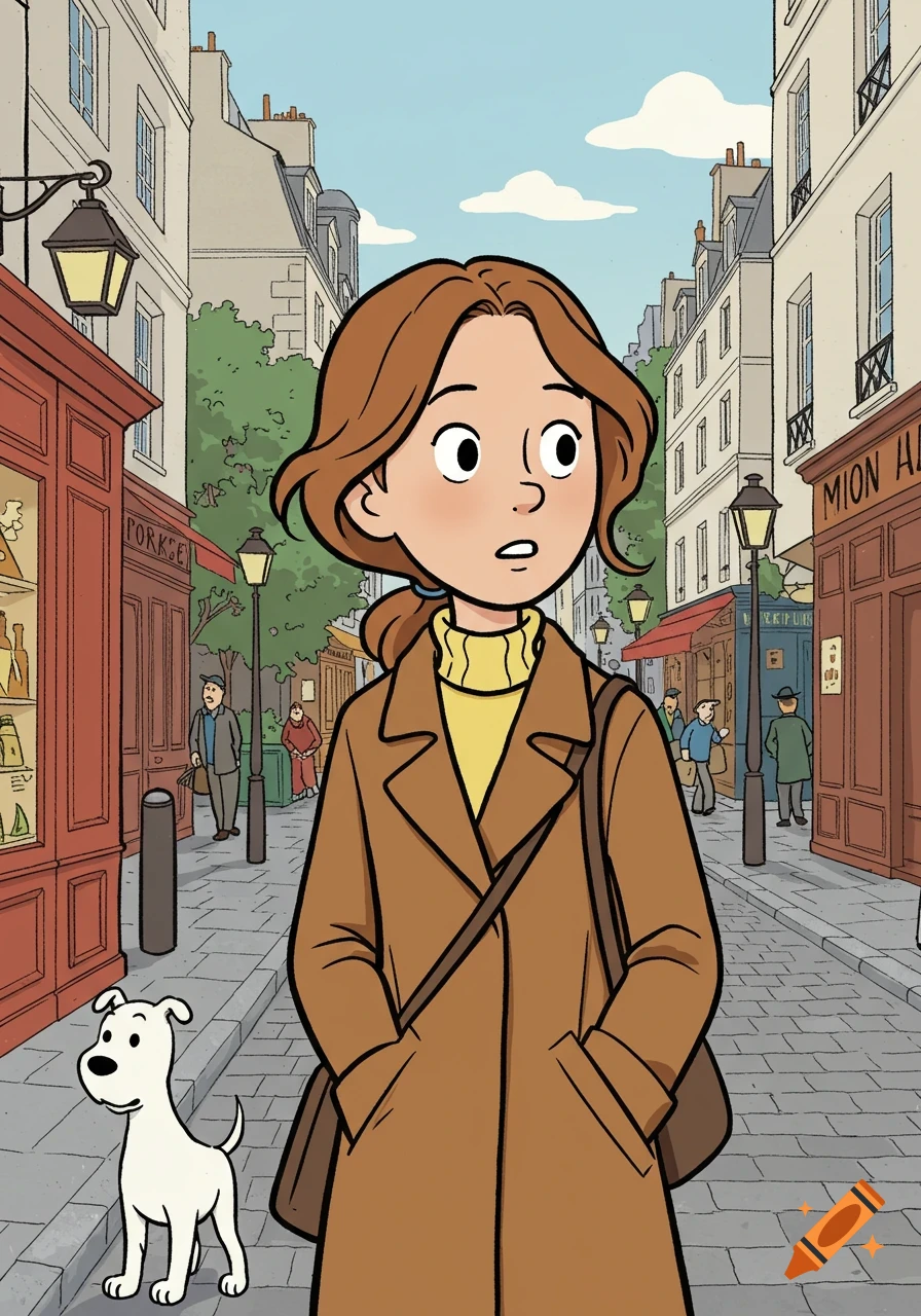 A cartoon girl in a brown coat and a white dog walk on a European city street with shops, in a clear line art comic style.