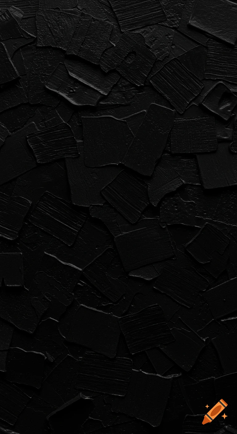 A close-up of a monochromatic black abstract texture made of irregular, thick, raised paint strokes and shapes.