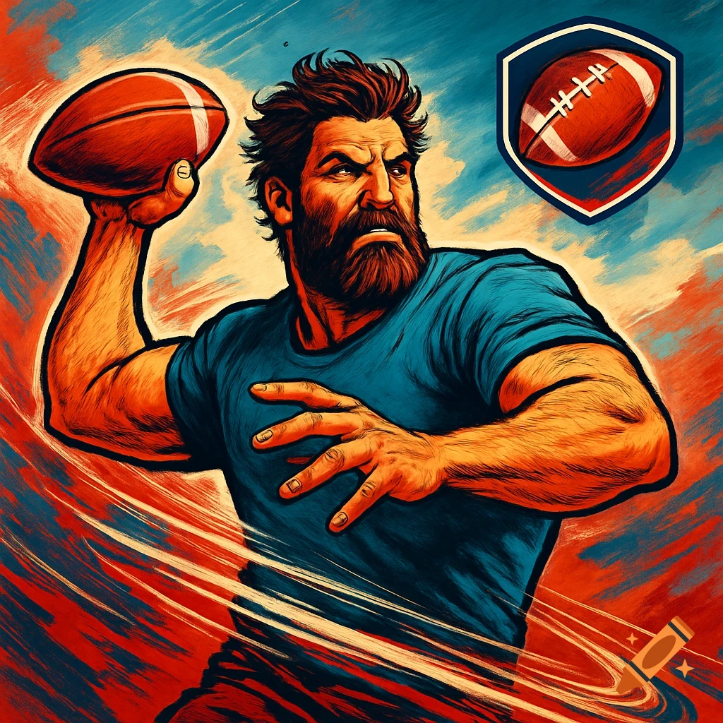 Stylized illustration of a muscular, bearded man in a blue shirt winding up to throw an American football, with a shield logo, against a dynamic red and blue background.
