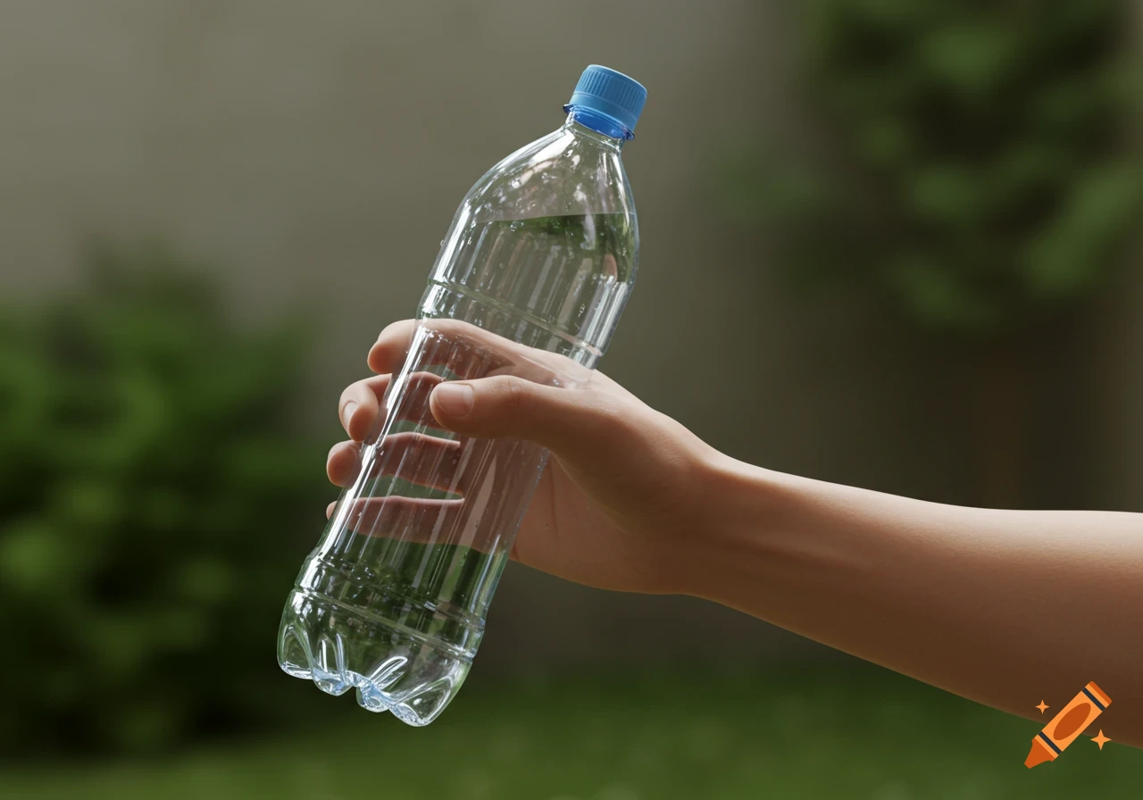 A hand holds a transparent plastic water bottle filled with water, against a blurred green background outdoors.
