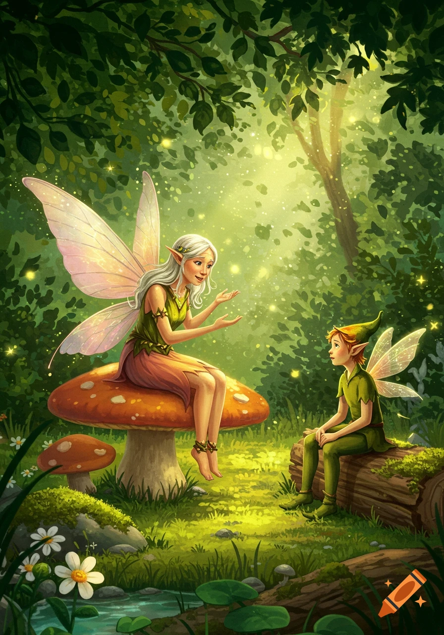 A large female fairy with long white hair sits on a mushroom, gesturing while talking to a small male fairy on a log in a glowing magical forest.