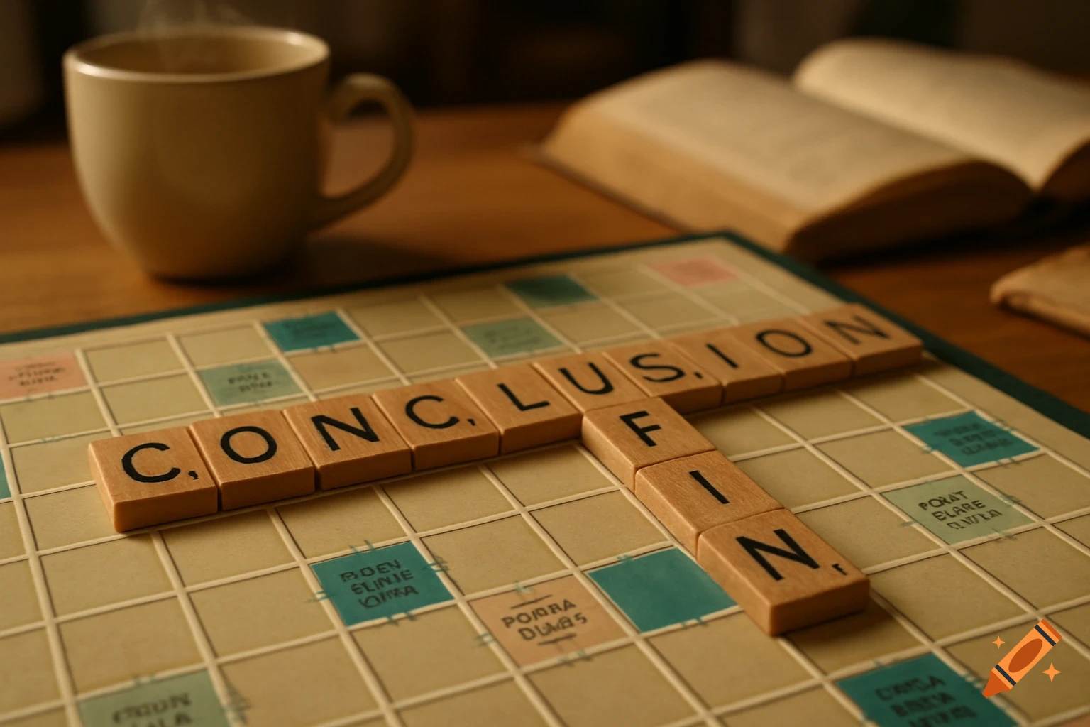 Close-up of a Scrabble board with the word "CONCLUSION" spelled horizontally and "FIN" spelled vertically, connected by 'N'. A steaming coffee cup and an open book are blurred in the background, on a wooden table.