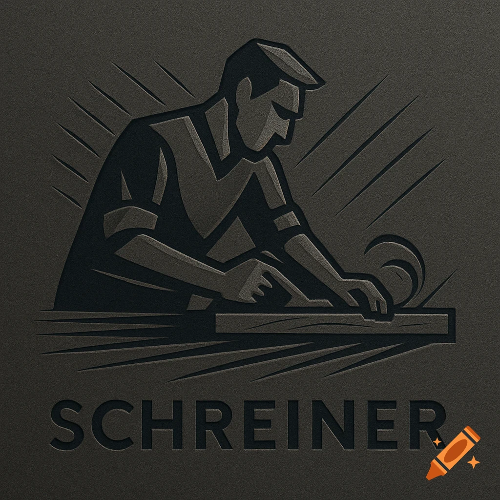 Dark, embossed minimalist logo of a carpenter planing wood, with the word SCHREINER below.