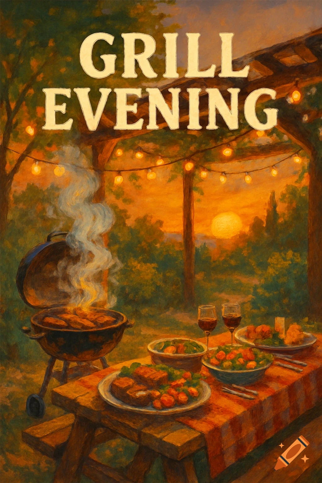 Painterly scene of a grill, picnic table with food, wine glasses, and sunset, with 'GRILL EVENING' text.