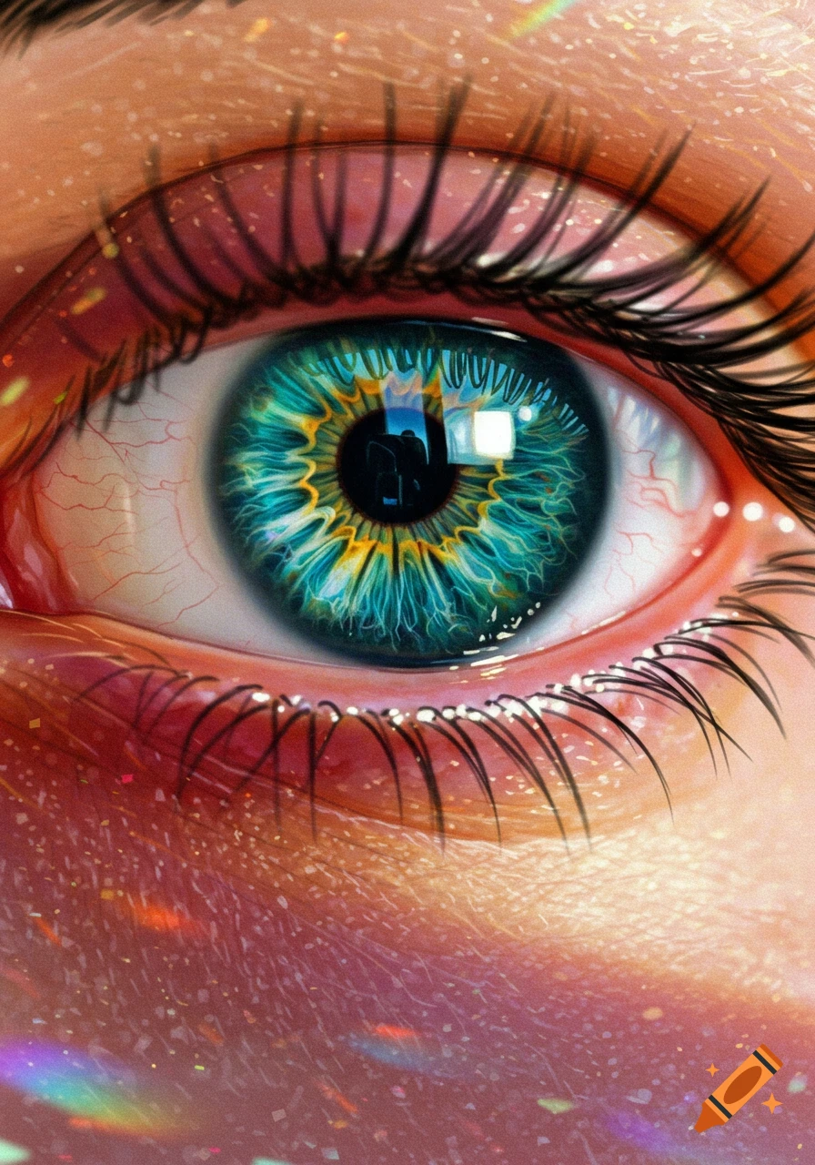 Close-up of a vibrant blue and gold eye with intricate iris patterns, detailed lashes, and sparkling skin. Photorealistic art.