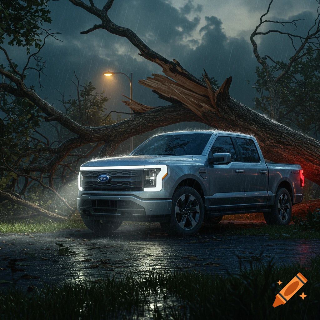 A photorealistic Ford F-150 Lightning truck on a wet road during a stormy night with a large fallen tree and a glowing streetlight.