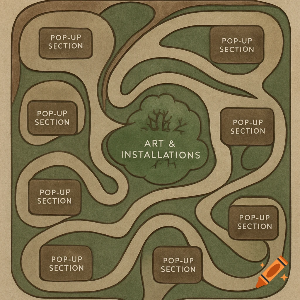 A stylized floor plan with winding paths connecting multiple 'POP-UP SECTION' areas and a central 'ART & INSTALLATIONS' zone in earthy tones.