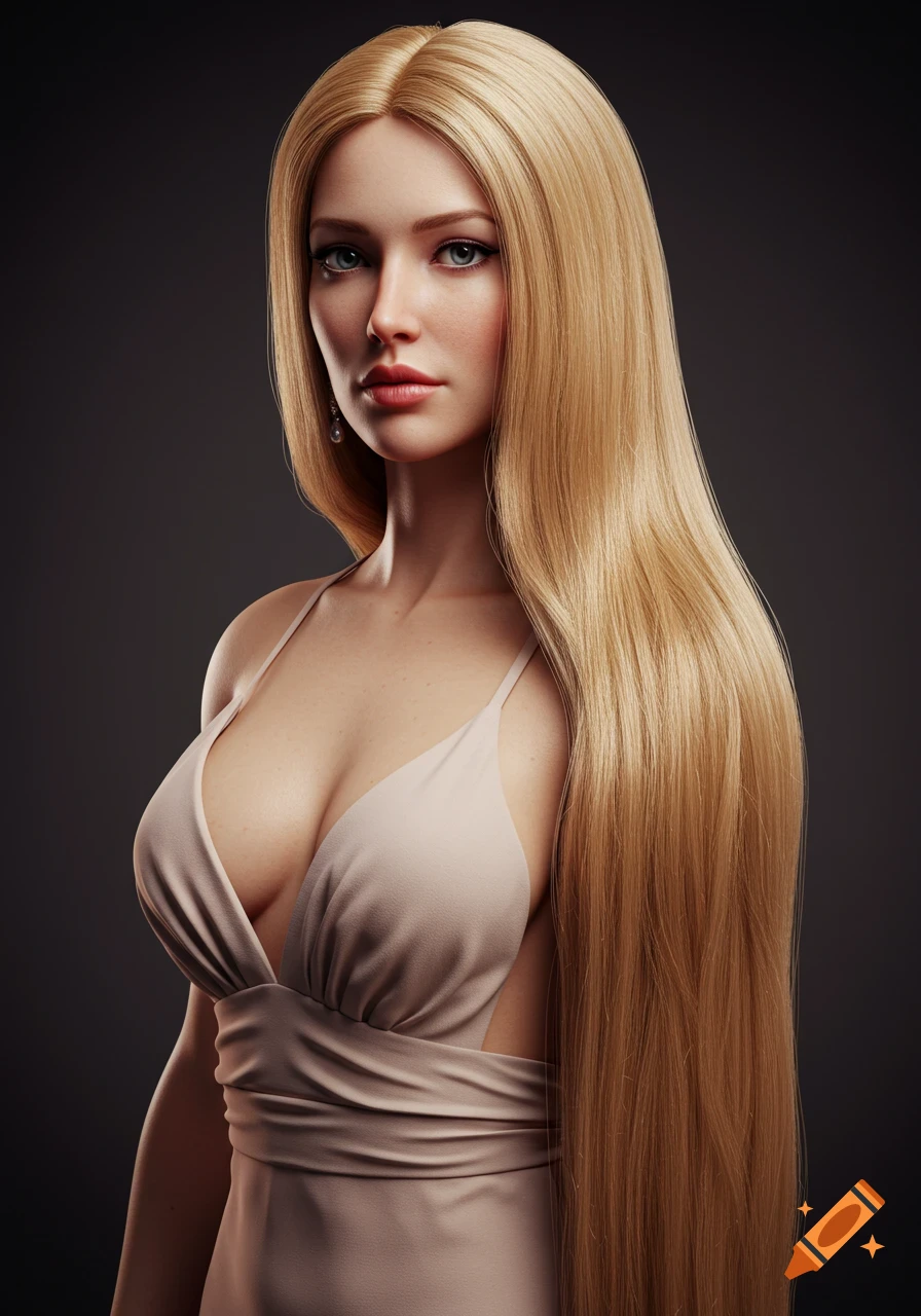 Ultra-realistic glamour portrait of a beautiful woman with long blonde hair, wearing a light-colored formal dress, looking forward.