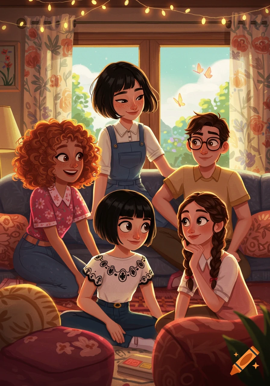 A Pixar-style illustration of five smiling people, including three women, one man, and a girl, gathered in a cozy, brightly lit living room.